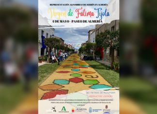 Tíjola lleva su tradición a Almería con una colorida alfombra de serrín por la Virgen de Fátima Alfombra de serrín en Almería