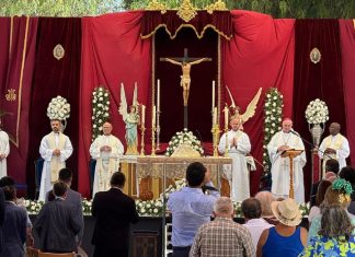 El Obispo preside en Tíjola el 450 aniversario del patronazgo de la Virgen del Socorro El obispo en el acto del 450 aniversario.
